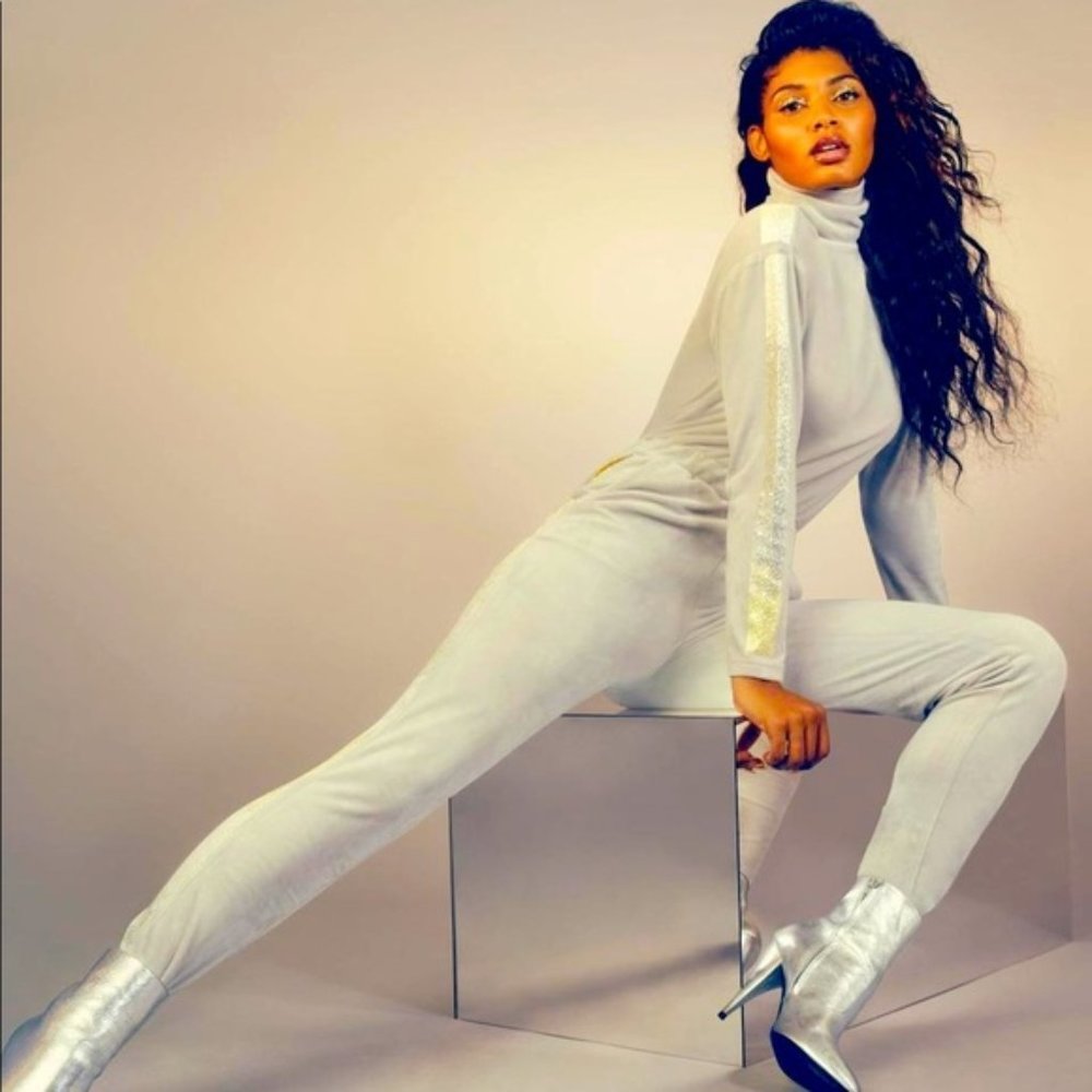 Women's Light Gray Metallic-Trim Jumpsuit